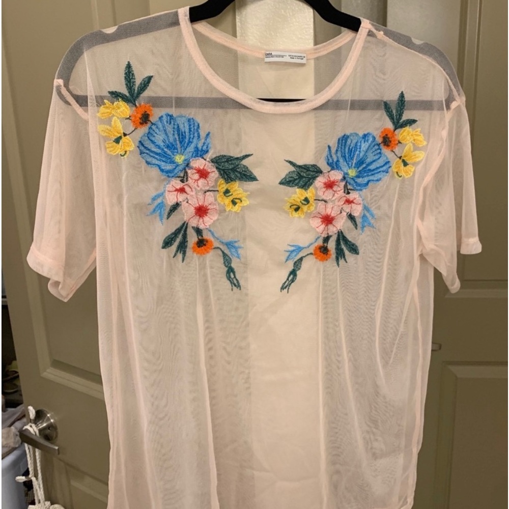 Zara sheer embroidered pink blush top - M